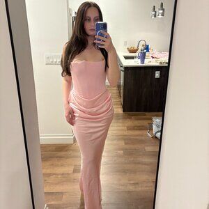 House of CB Pink Strapless Draped Maxi Dress